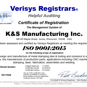 K&S Manufacturing Inc. ISO certification